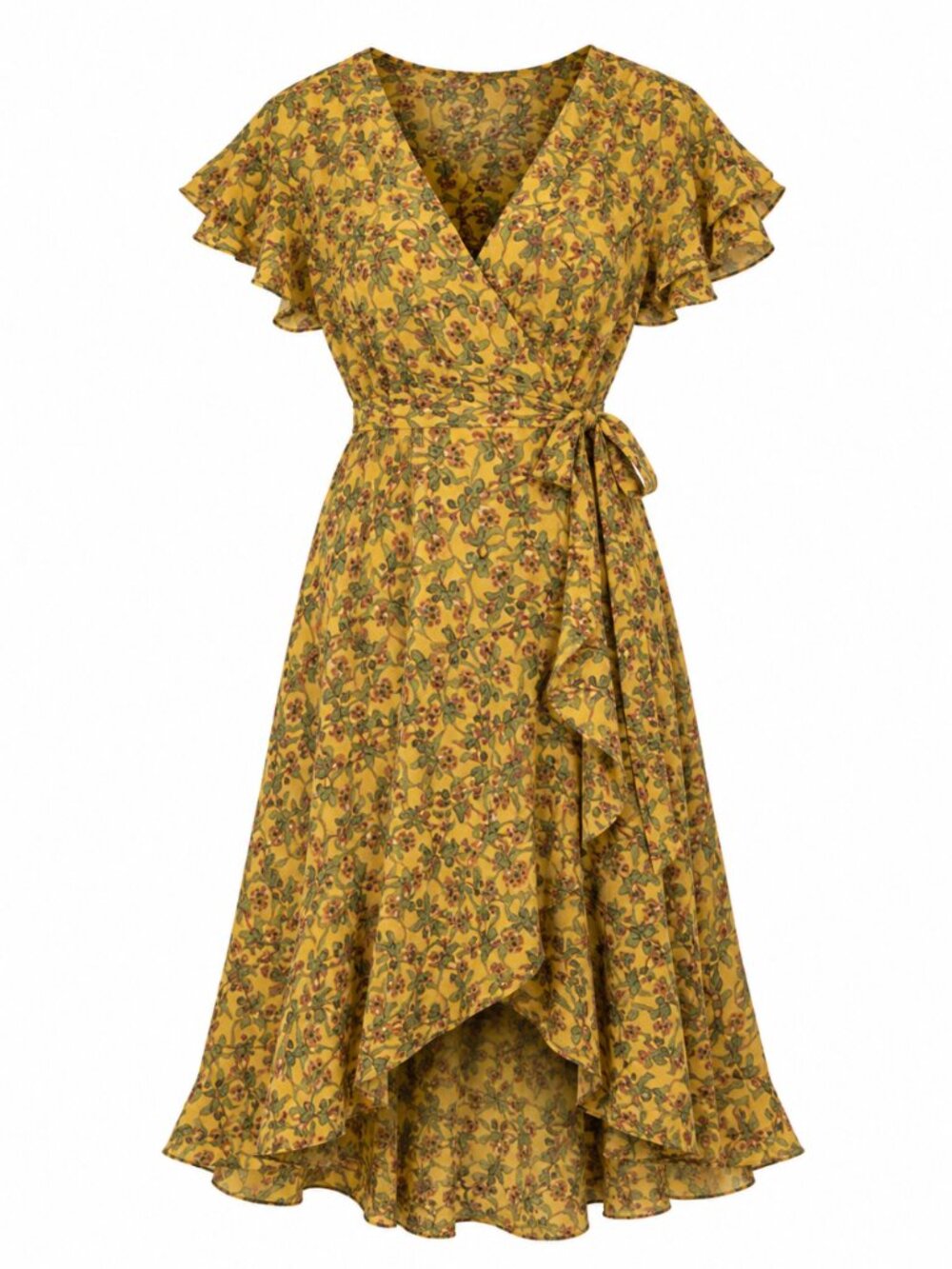 Max Studio Mustard Yellow Floral Ruffle Wrap High Low Midi Dress Plus 2X